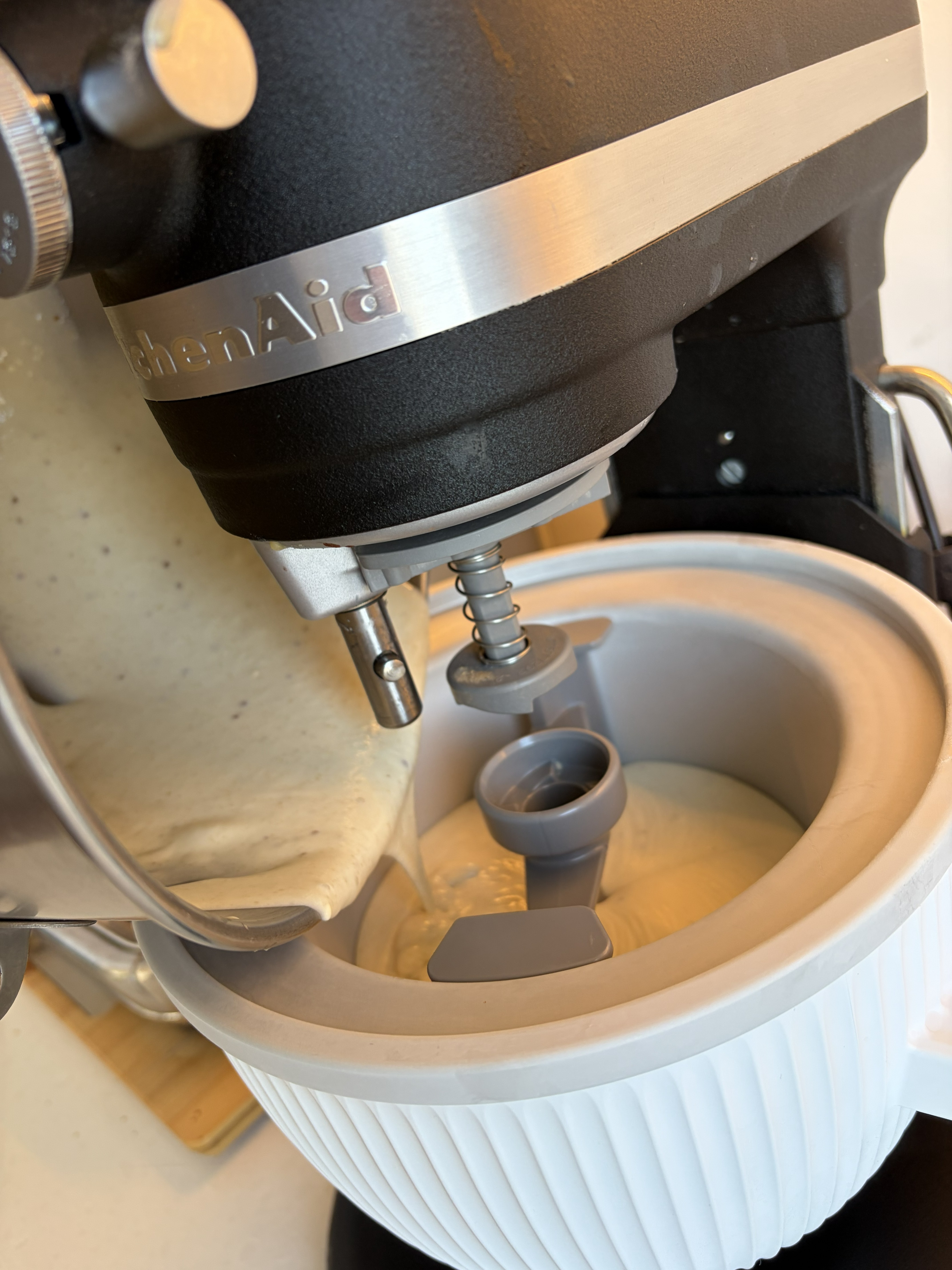 Pouring the mixture into the ice cream maker