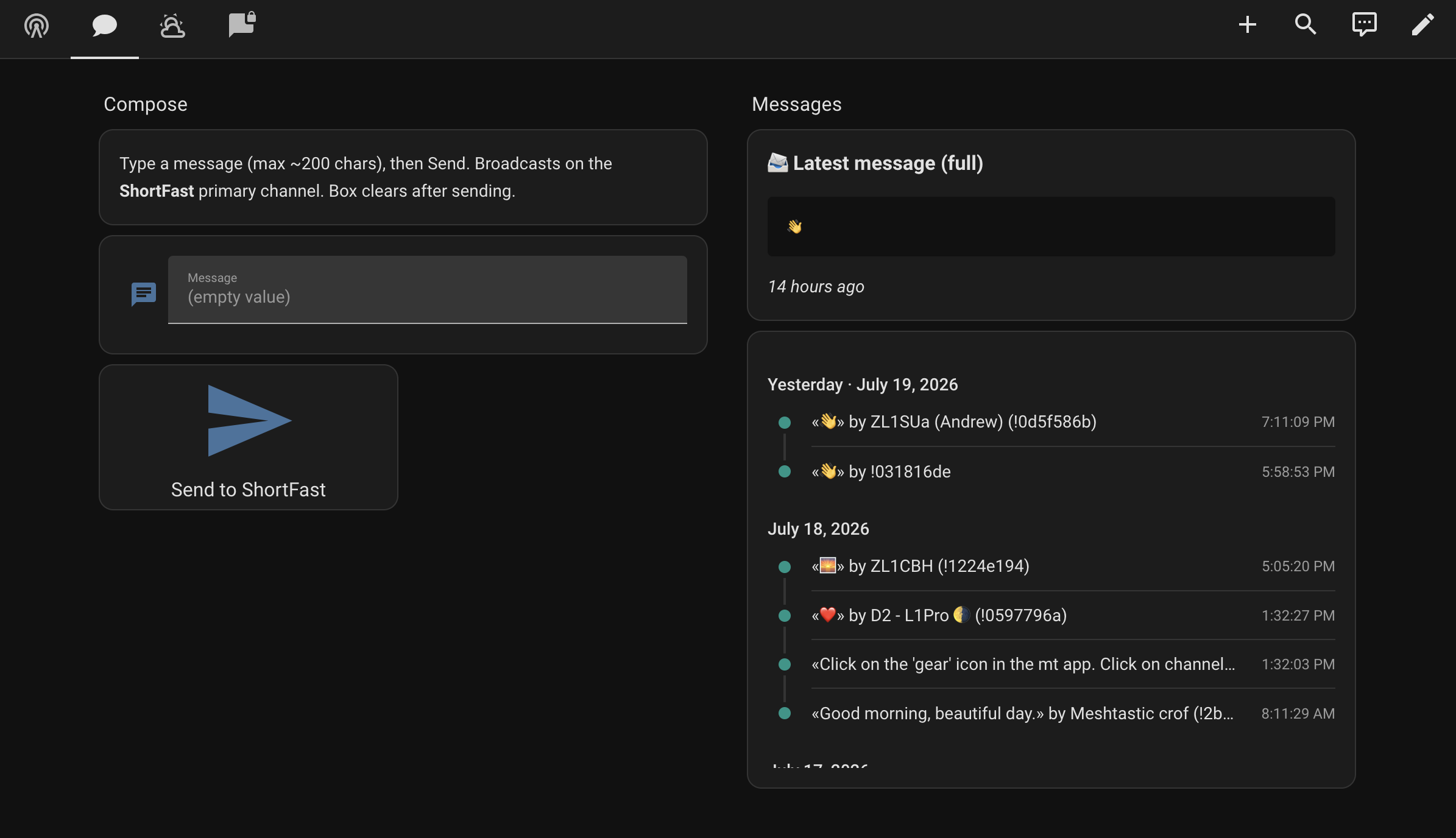 Message compose tab in Home Assistant, with a text input, a Send to ShortFast button, and a message history column showing the latest mesh message in full alongside recent messages from other nodes