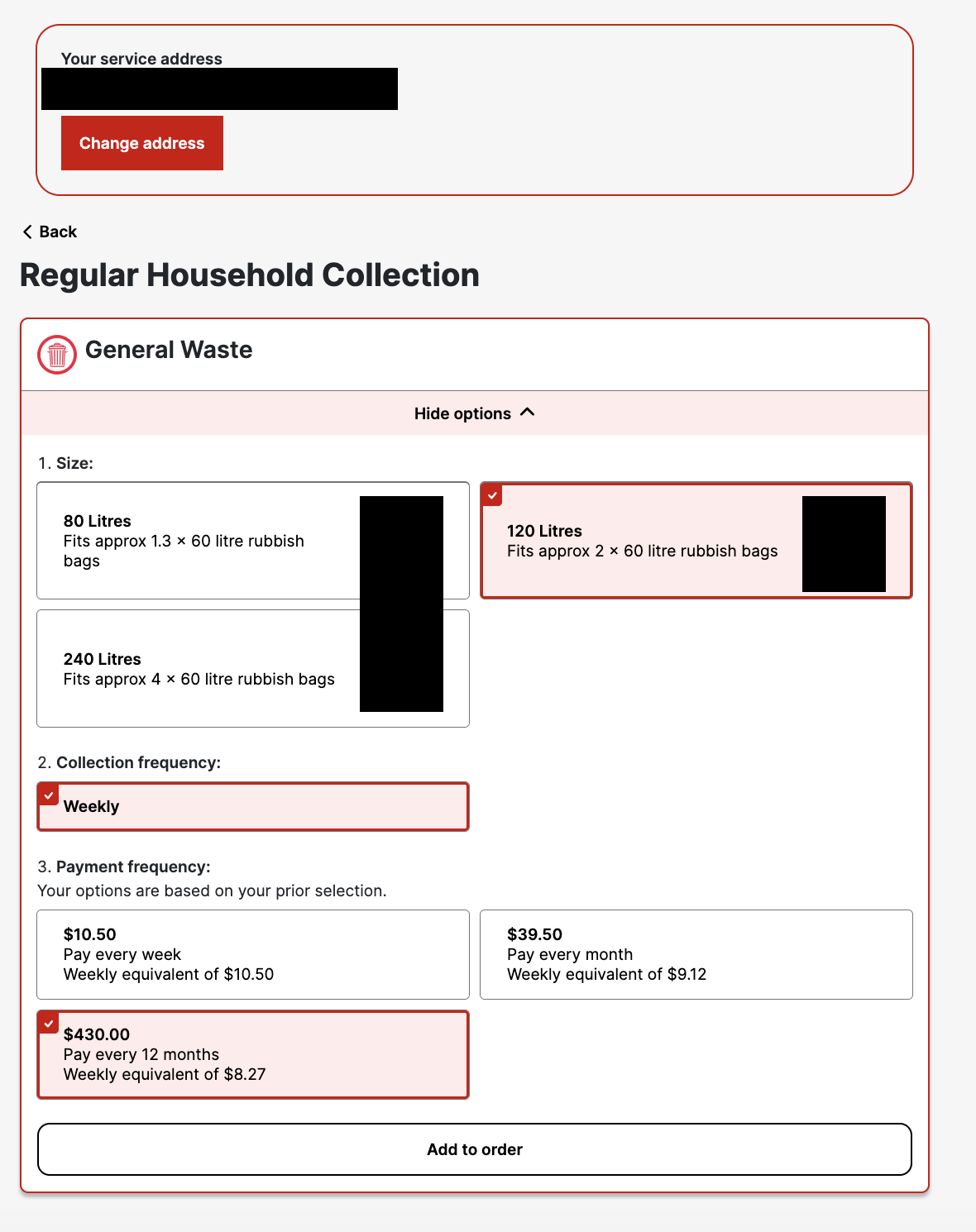 Screenshot of a rubbish collection quote page for a new customer, with the address redacted, showing a 120 litre general waste bin, weekly collection, and a highlighted $430.00 annual payment option